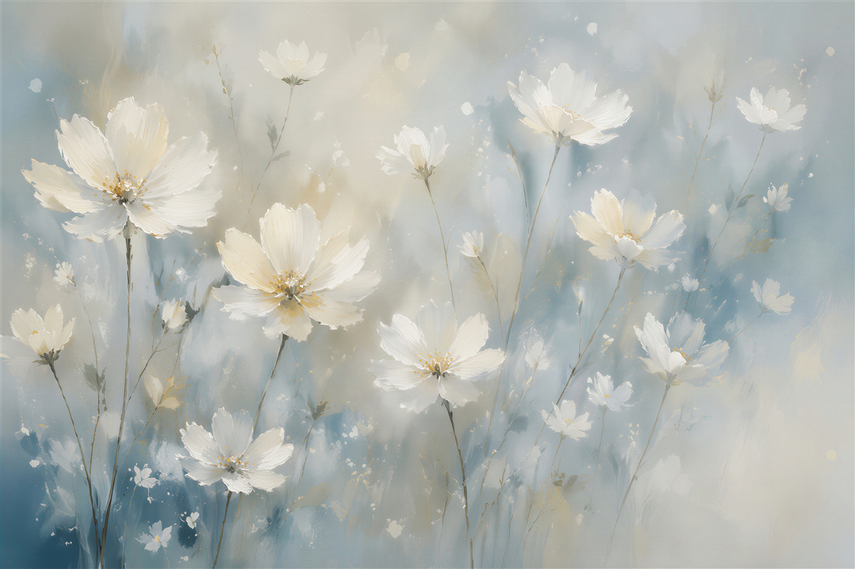 Fototapeten Weiße Blumen im blauen Nebel