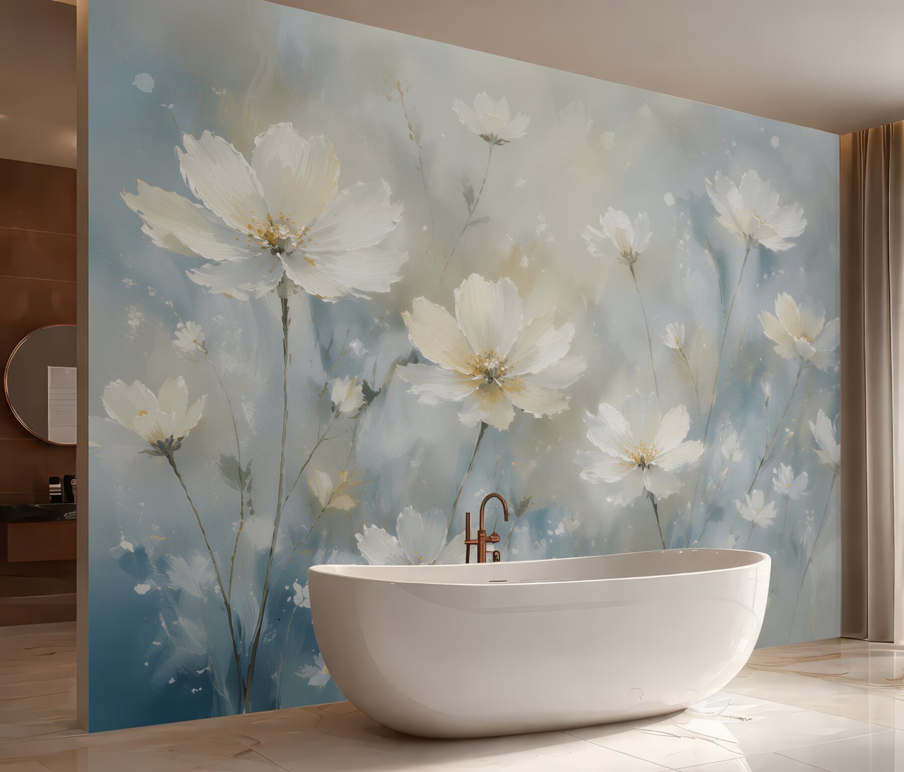 Fototapeten Weiße Blumen im blauen Nebel