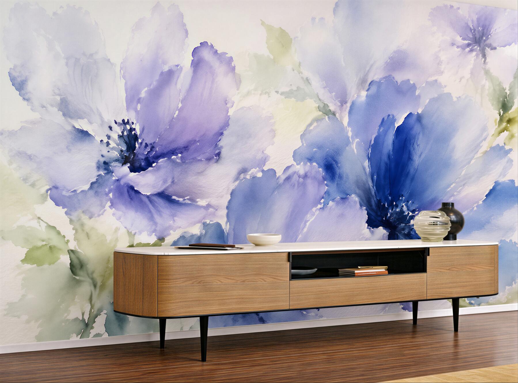 Fototapeten Blaue Aquarellblumen