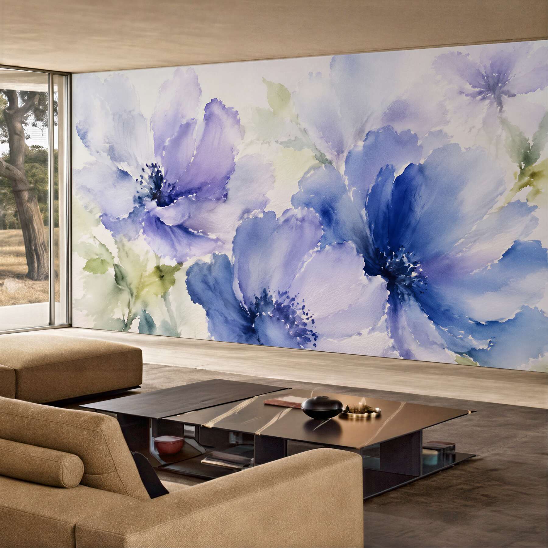 Fototapeten Blaue Aquarellblumen