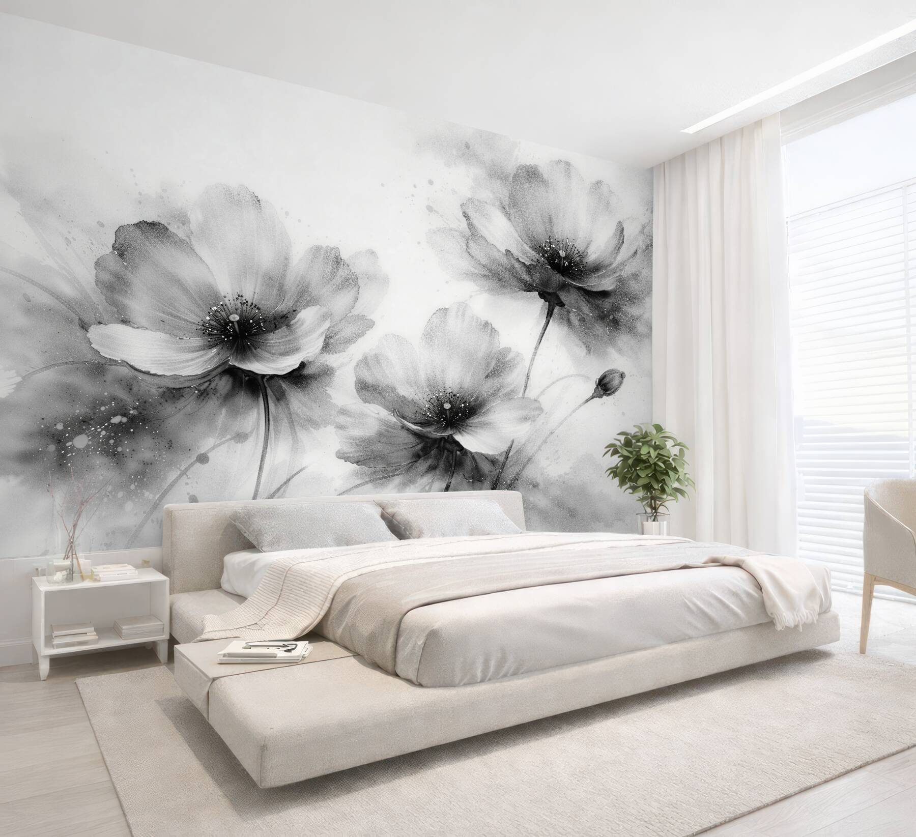 Fototapeten Schwarz-weiße Aquarellmohnblumen