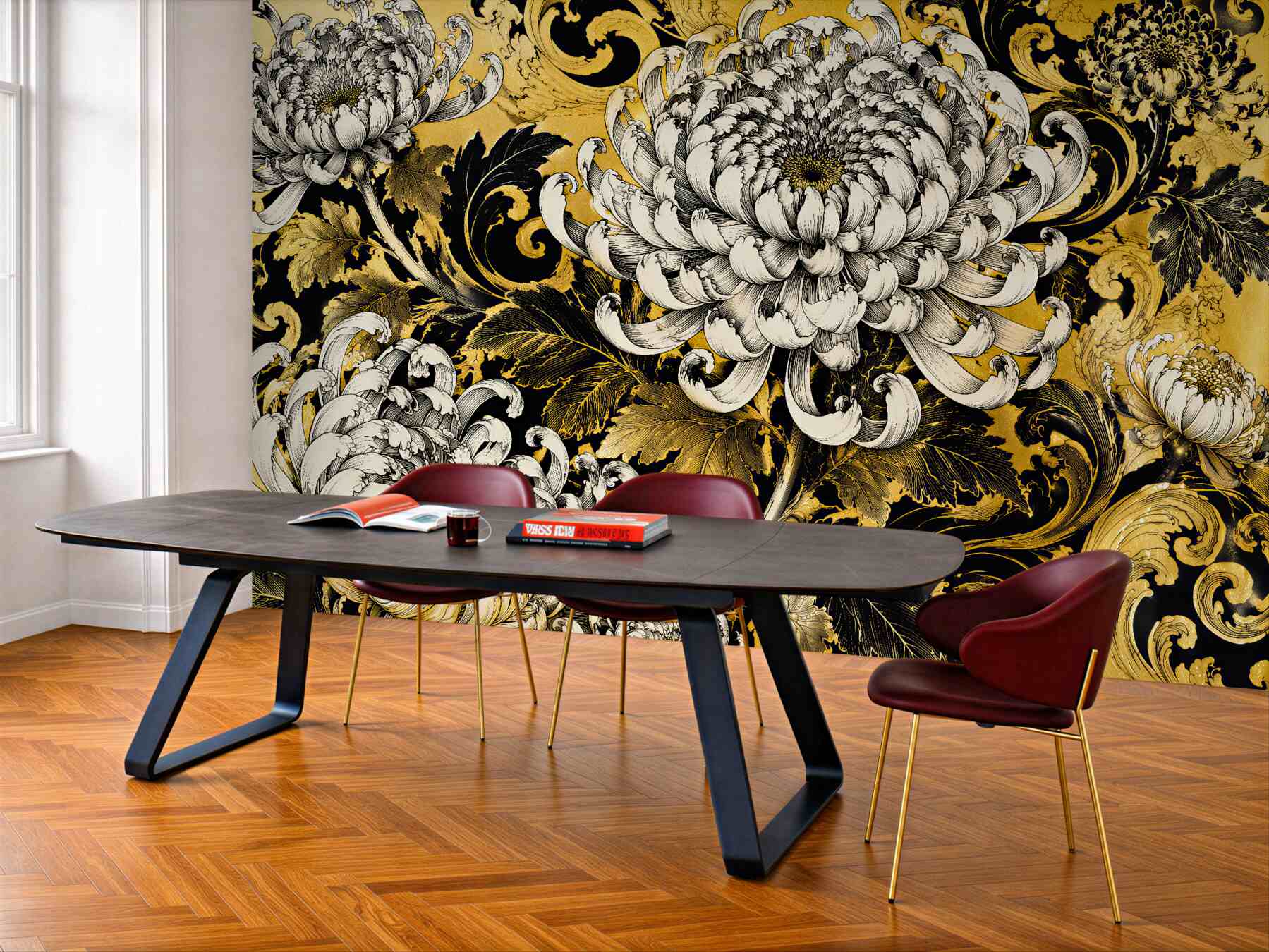 Fototapeten Goldene Chrysanthemen im Barockstil
