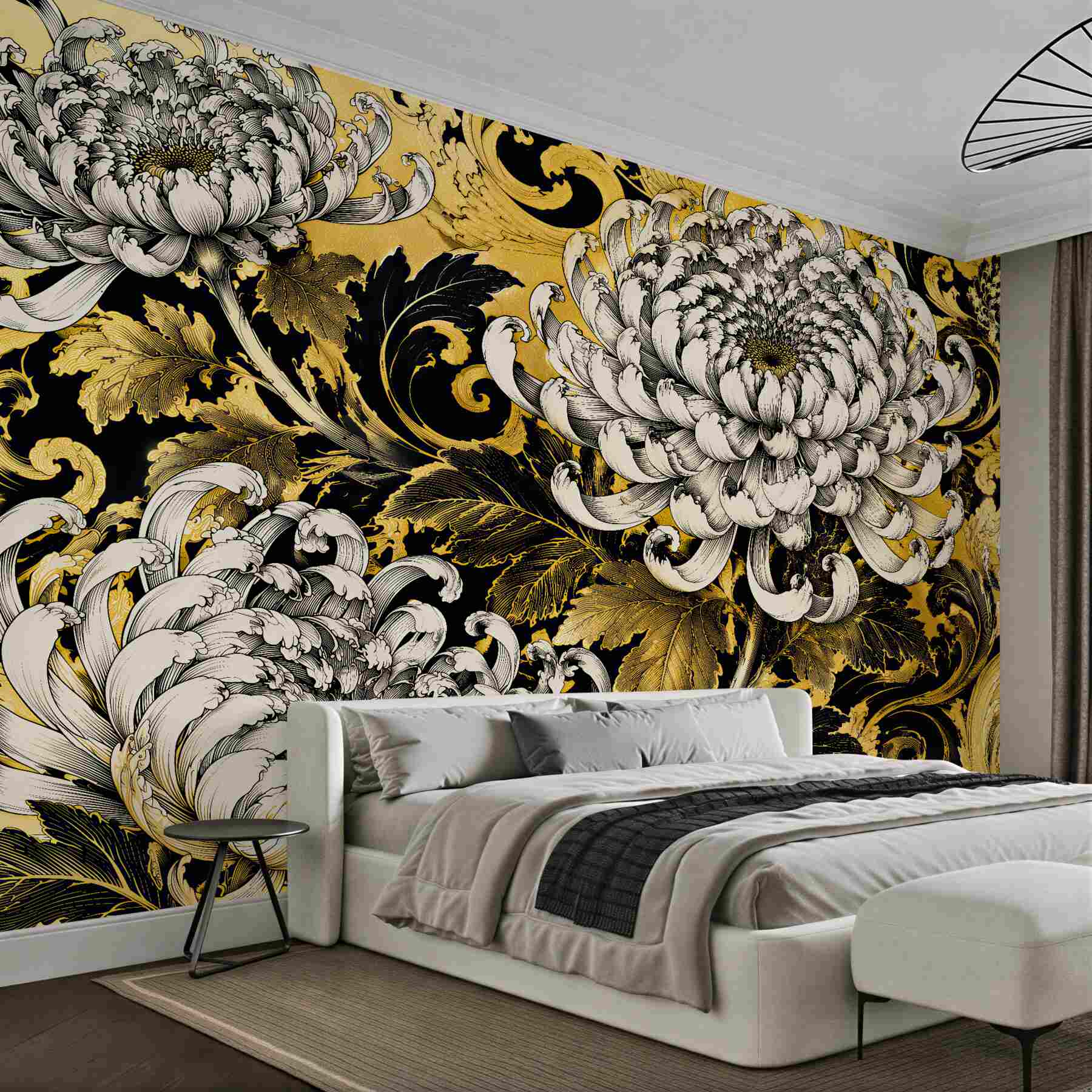 Fototapeten Goldene Chrysanthemen im Barockstil