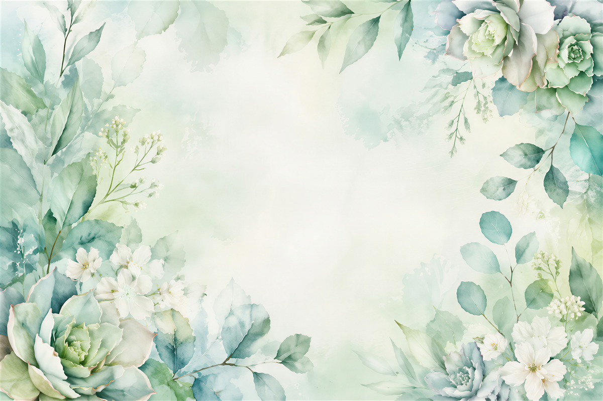 Fototapeten Mintfarbene Blumen im Aquarellschimmer