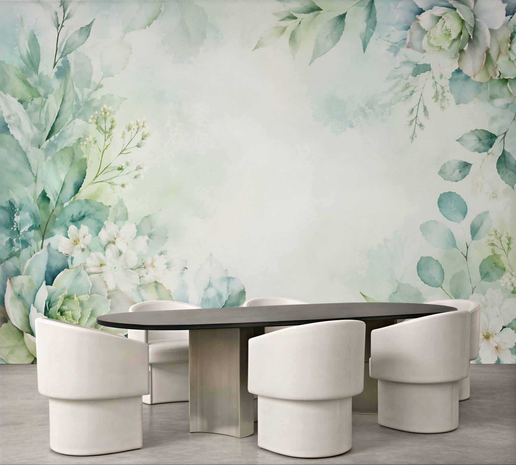 Fototapeten Mintfarbene Blumen im Aquarellschimmer