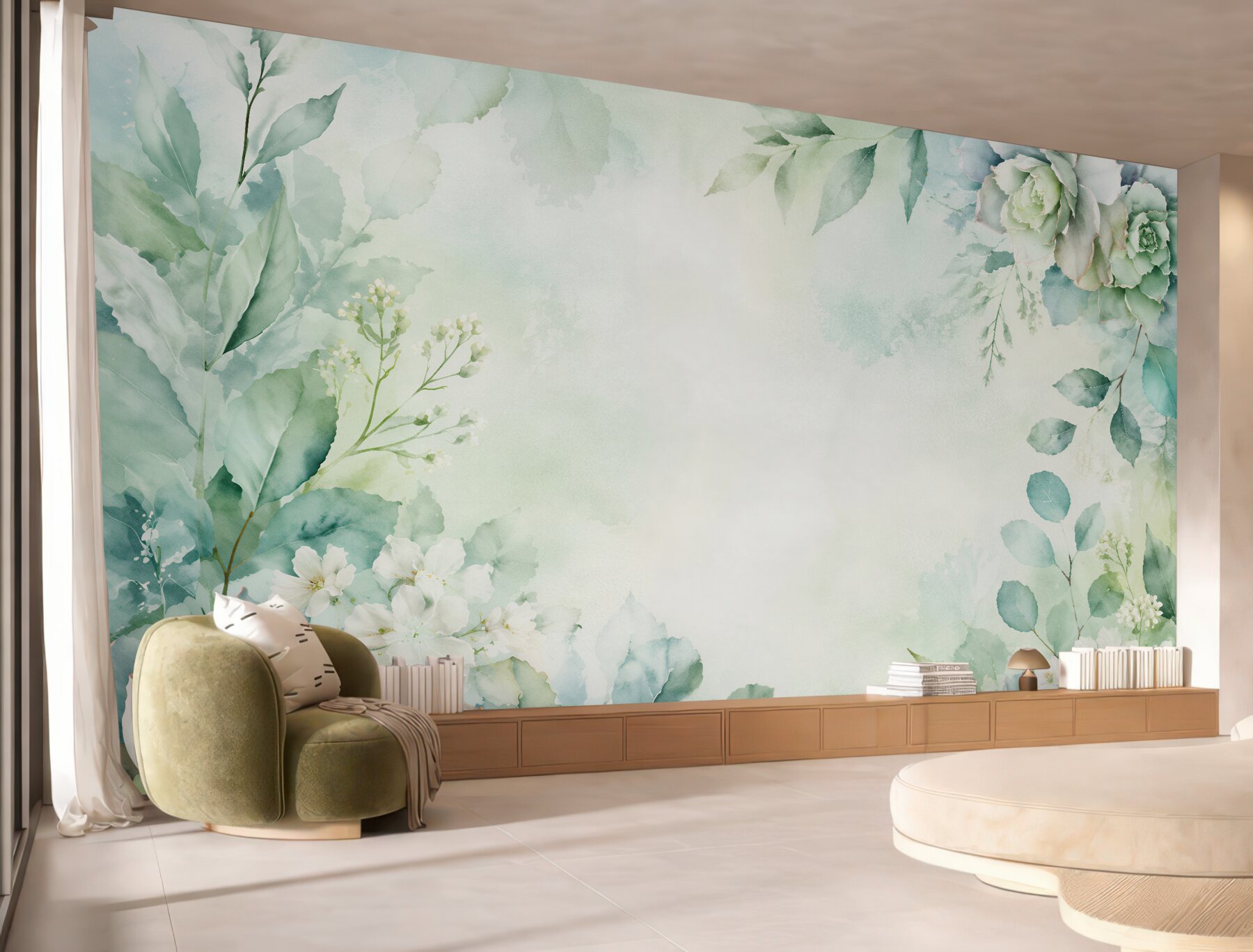 Fototapeten Mintfarbene Blumen im Aquarellschimmer