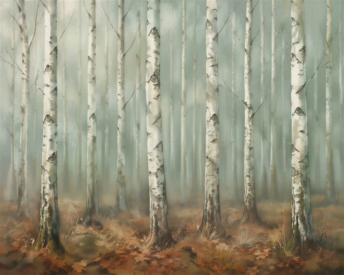 Fototapeten Birkenwald im Nebel
