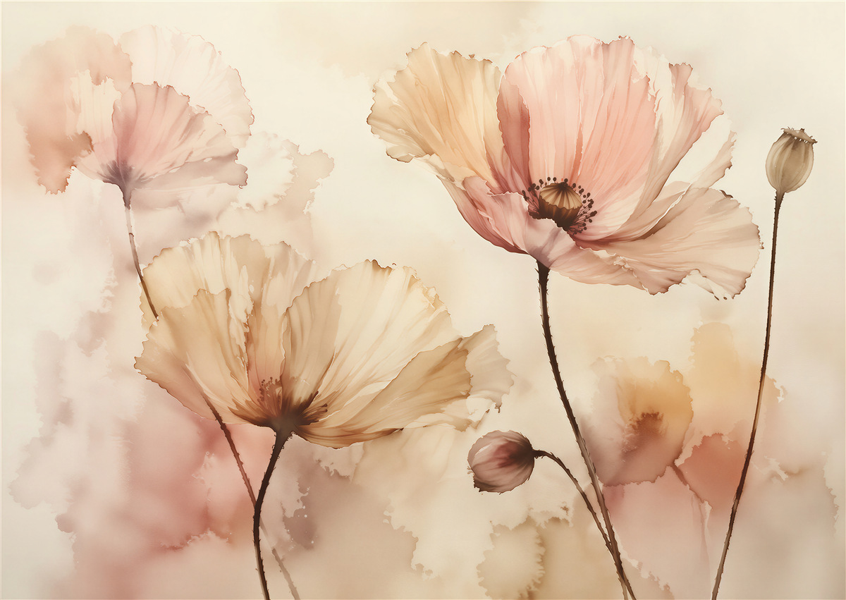 Fototapeten Aquarellmohn im beigen Nebelschleier