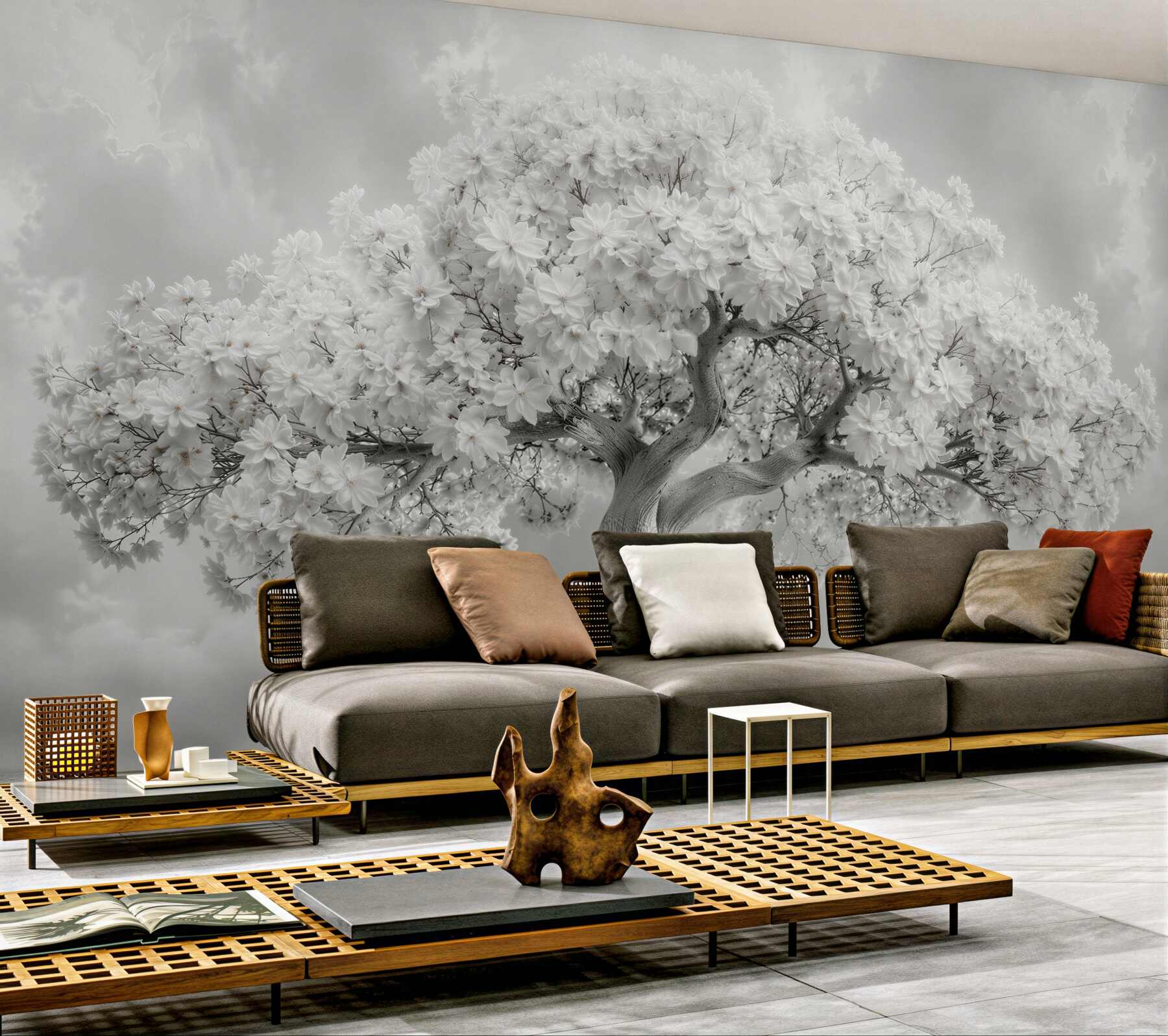 Fototapeten Weißer Blütenbaum in den Wolken