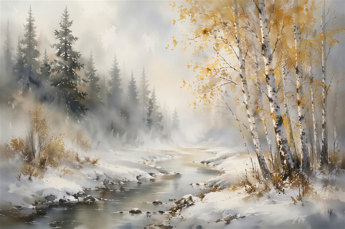 Fototapeten Winterlicher Bach zwischen Birken