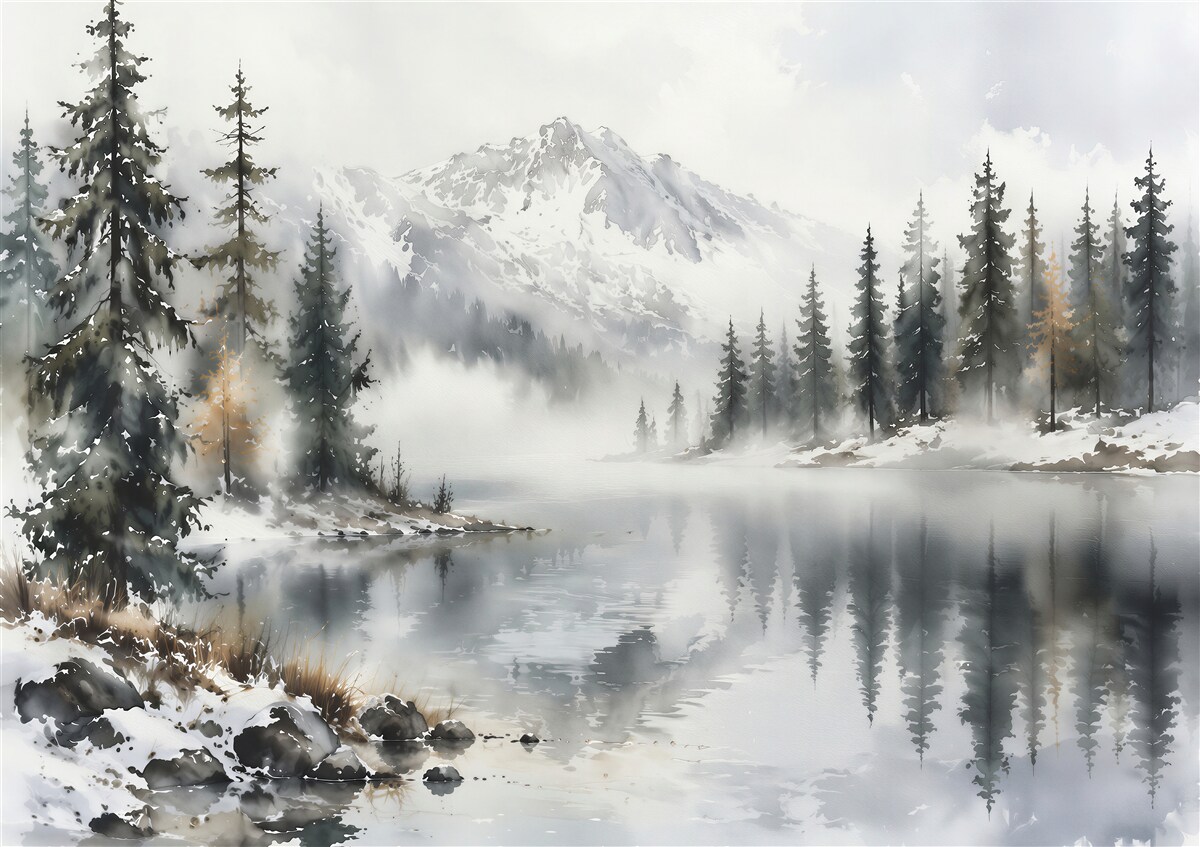 Fototapeten Neblige Berglandschaft am See