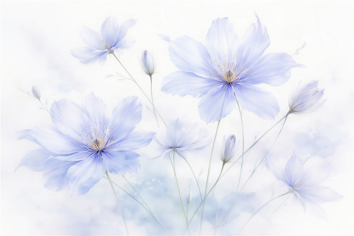 Fototapeten Blaue Blumen im nebligen Licht