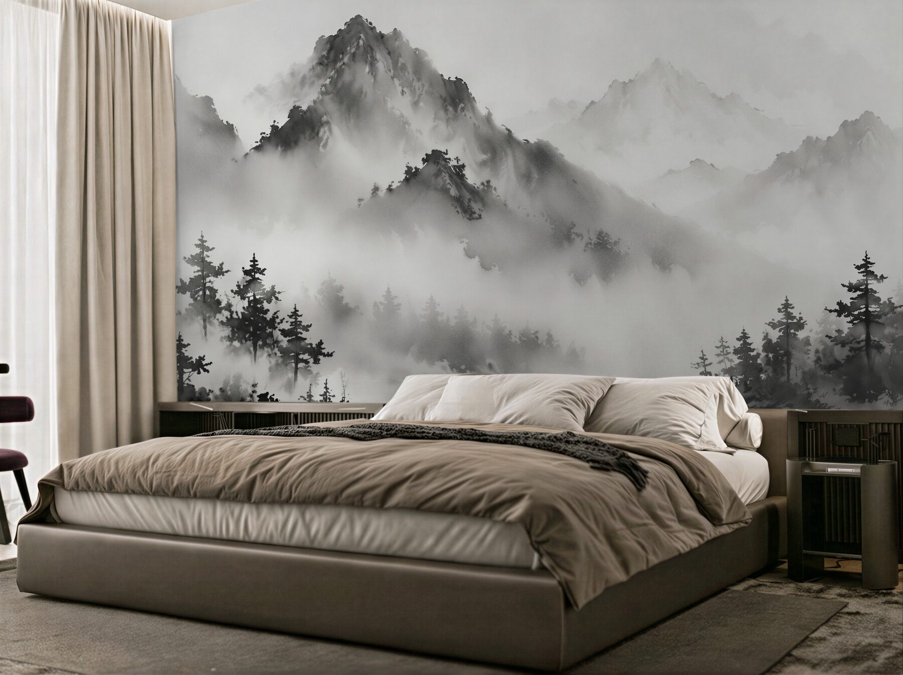 Fototapeten Neblige Berge über einem stillen See