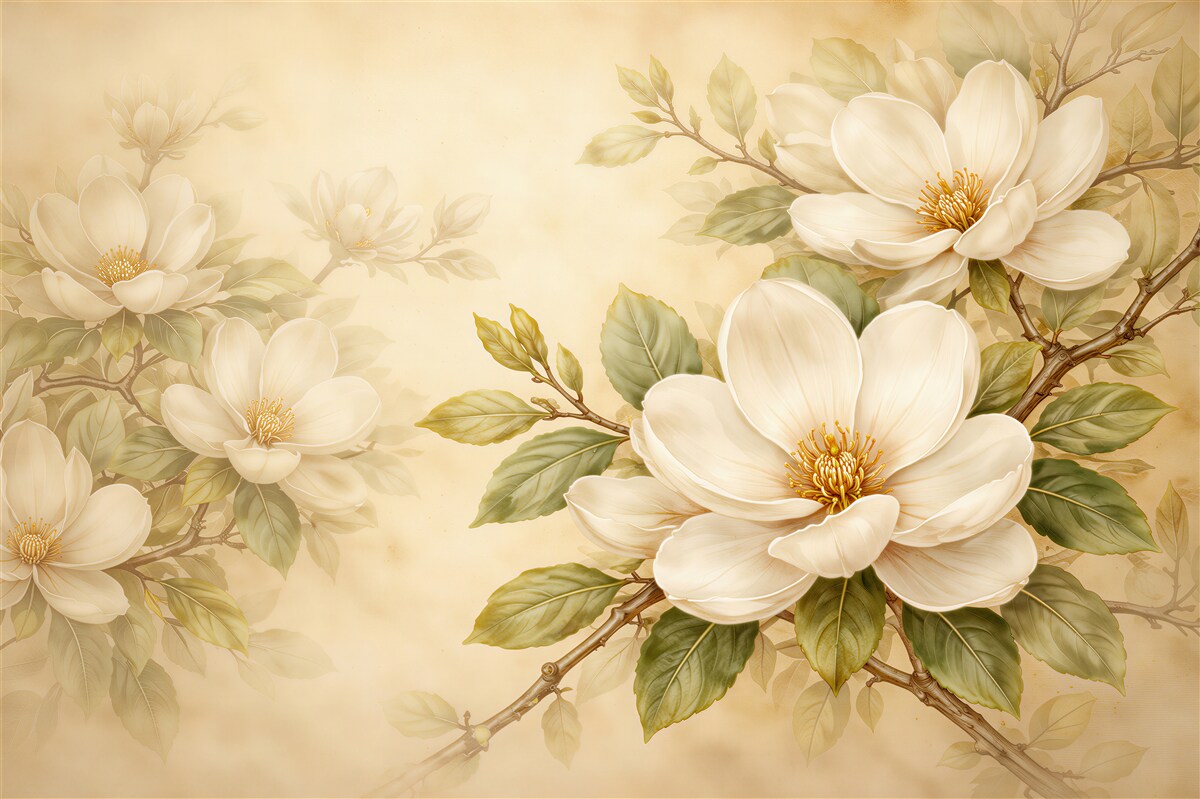 Fototapeten Cremefarbene Magnolien in eleganter Blüte