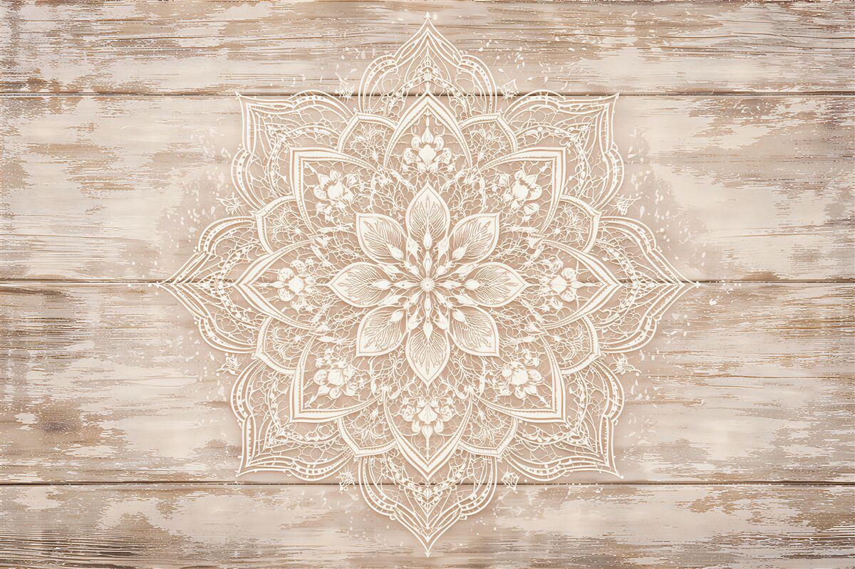 Fototapeten Mandala auf verwitterten Holzbrettern