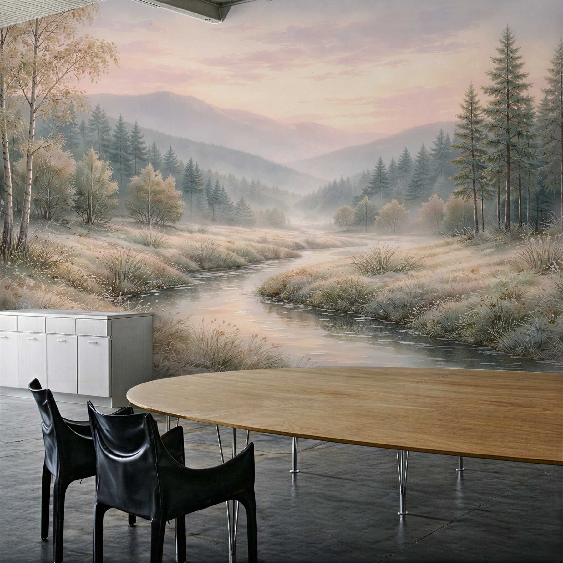 Fototapeten Nebeliger Morgengrauen über einem Waldstrom