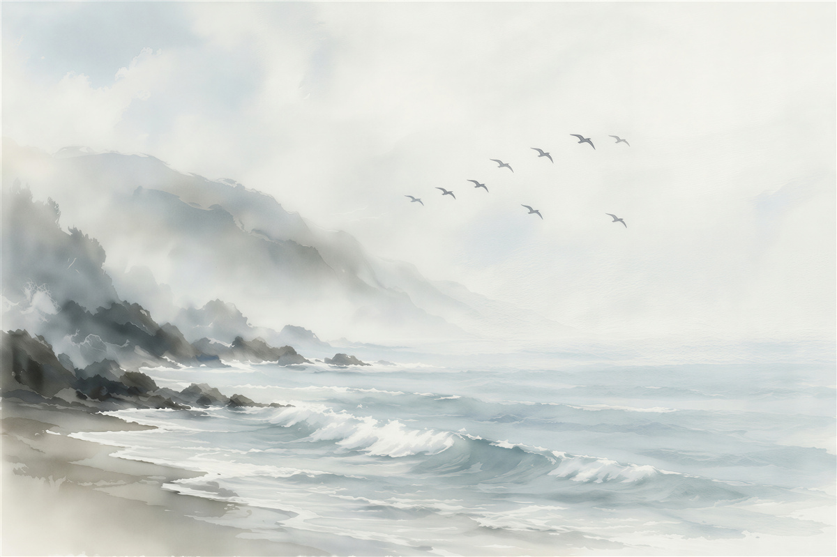 Fototapeten Aquarellküste mit fliegenden Vögeln