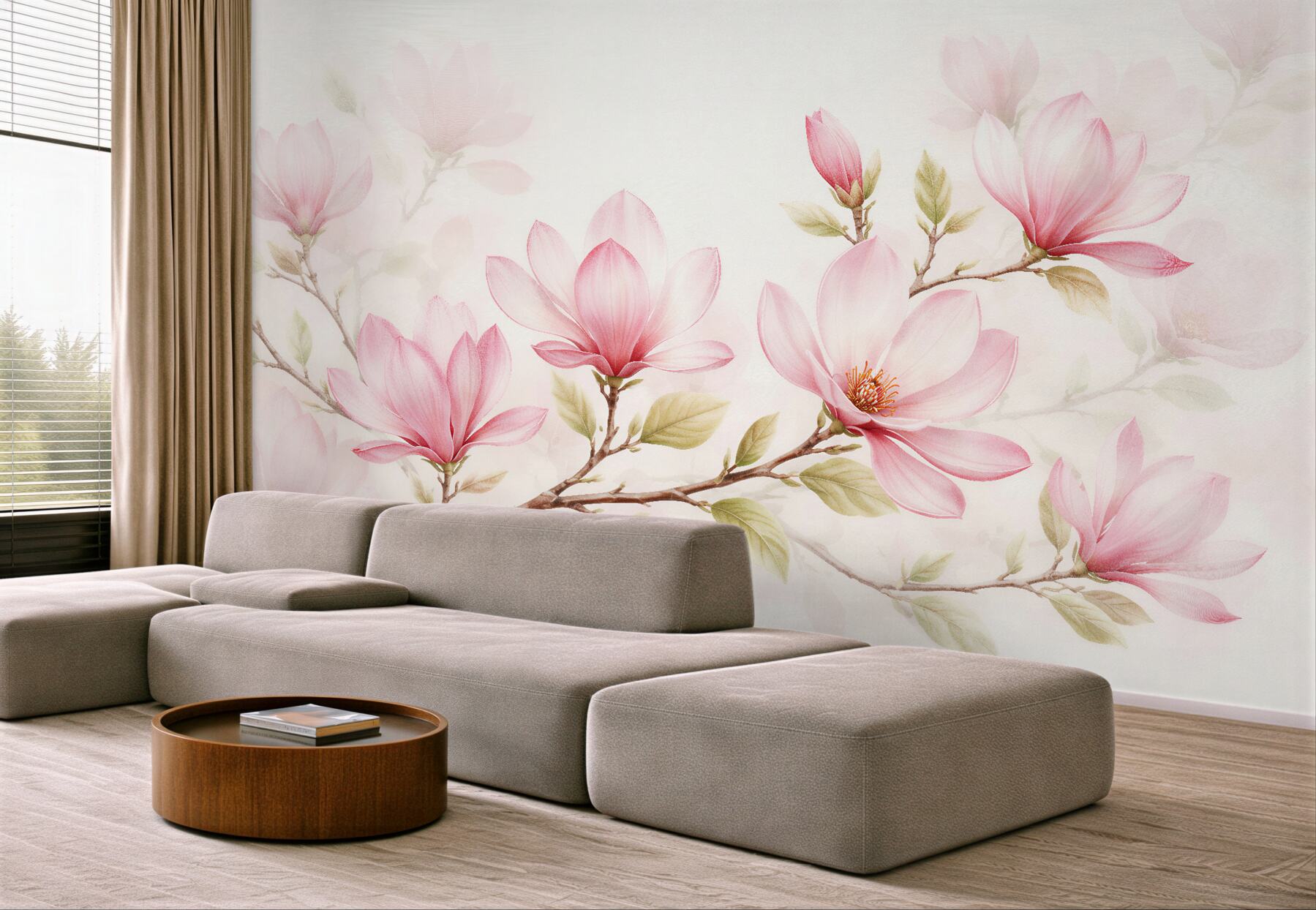 Fototapeten Zarte Magnolien an einem hellen Zweig