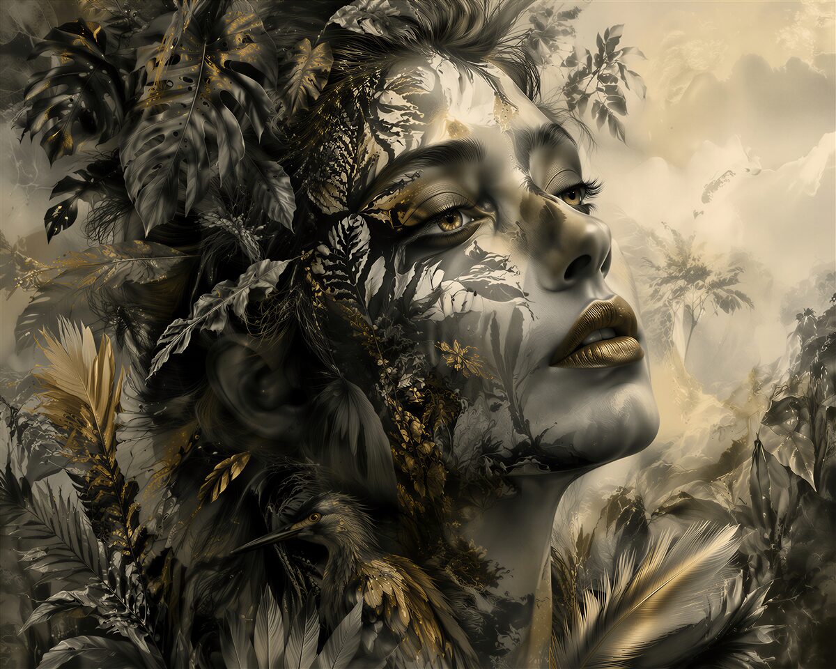 Fototapeten Goldene Muse in tropischer Aura