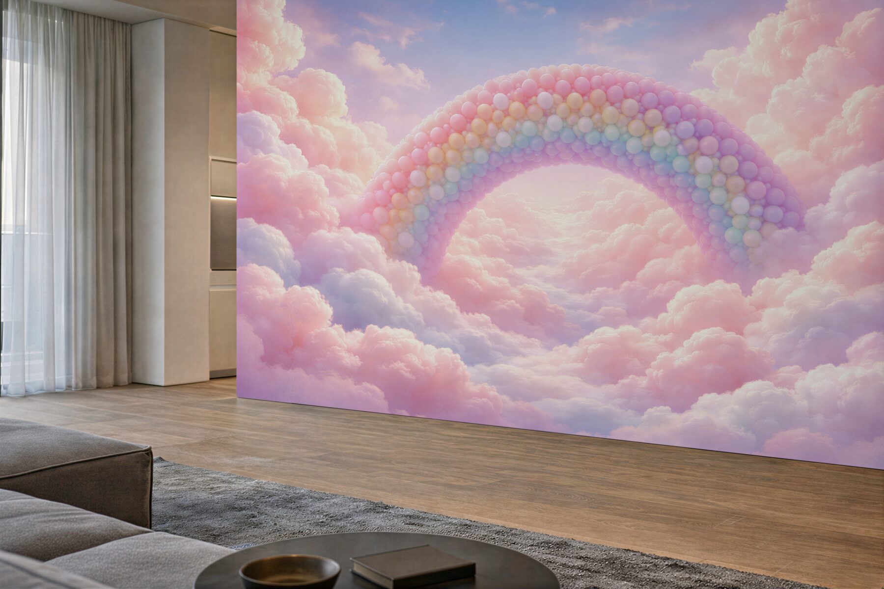 Fototapeten Pastellfarbener Regenbogen in den Wolken