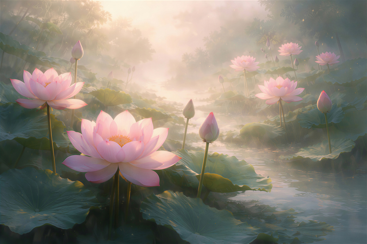 Fototapeten Lotusblumen im Morgengrauen über dem Wasser