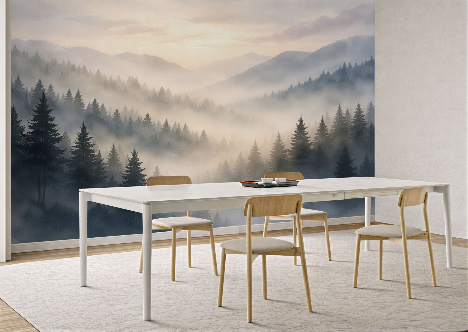 Fototapeten Morgendämmerung über dem Wald im Nebel