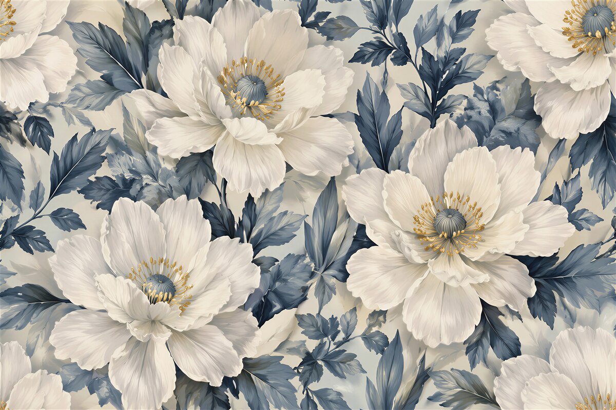 Fototapeten Weiße Blumen in blauen Blättern