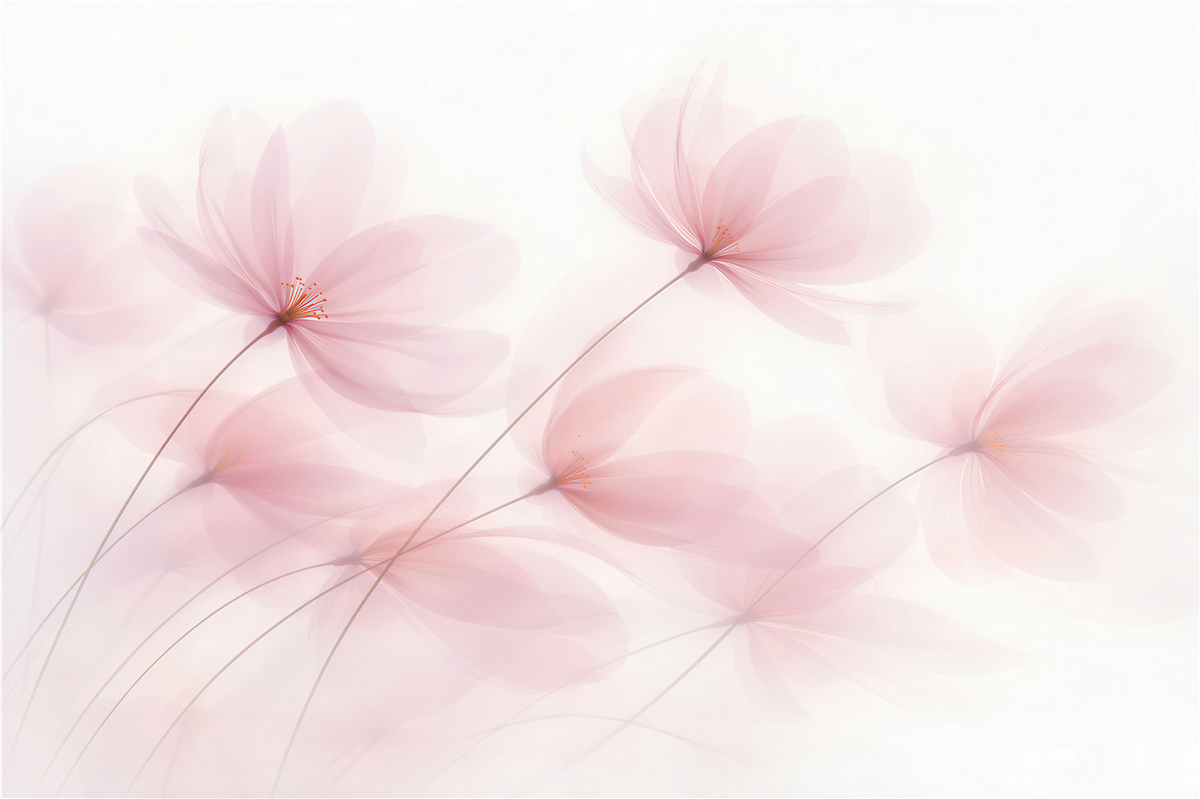 Fototapeten Puderfarbene Blumen im zarten Nebel