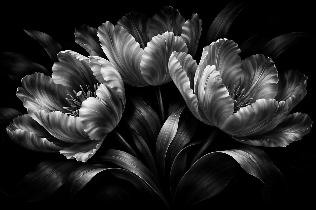 Fototapeten Schwarz-weiße Blumen auf schwarzem Hintergrund