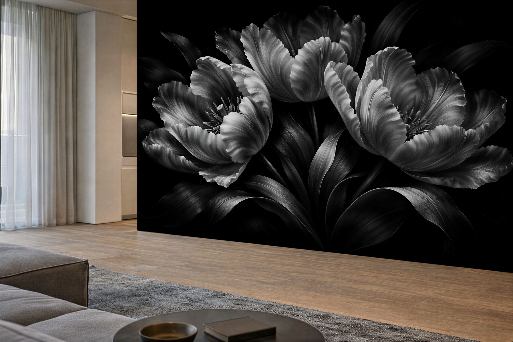 Fototapeten Schwarz-weiße Blumen auf schwarzem Hintergrund
