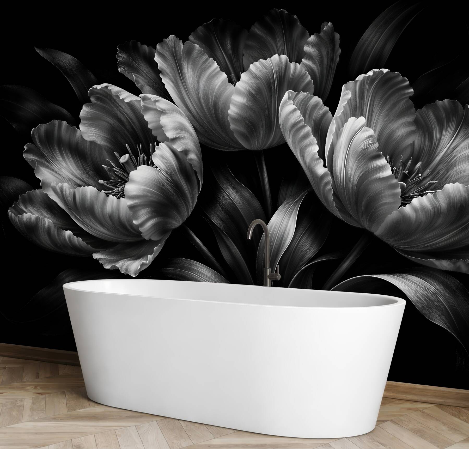 Fototapeten Schwarz-weiße Blumen auf schwarzem Hintergrund
