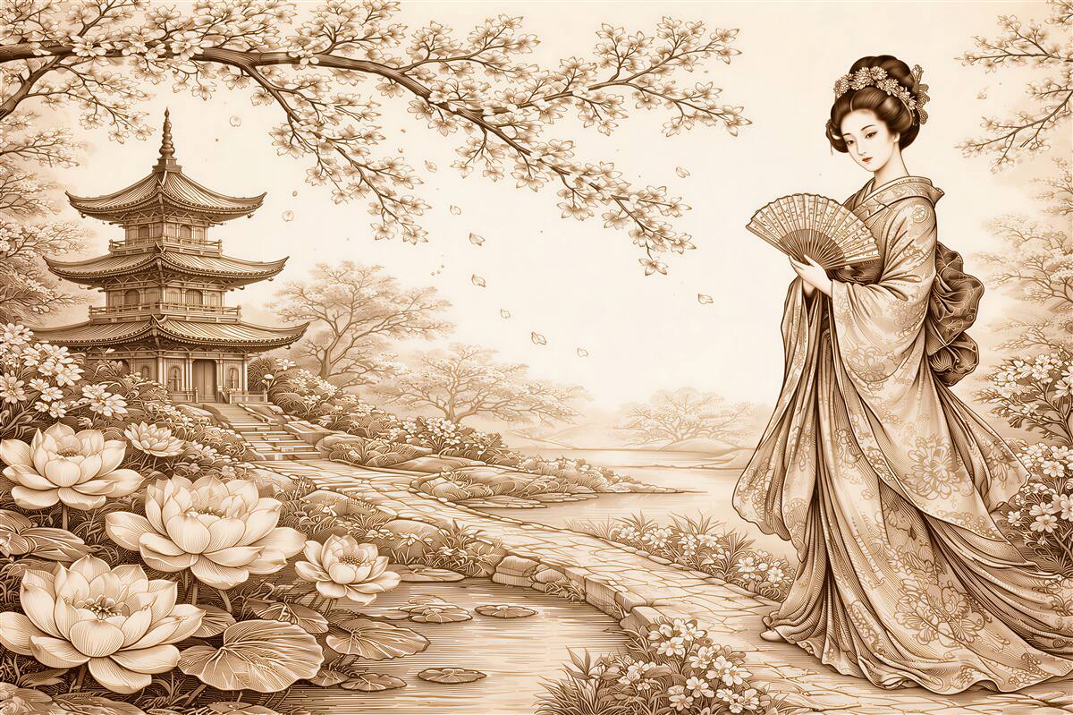 Fototapeten Geisha im Sakura-Garten