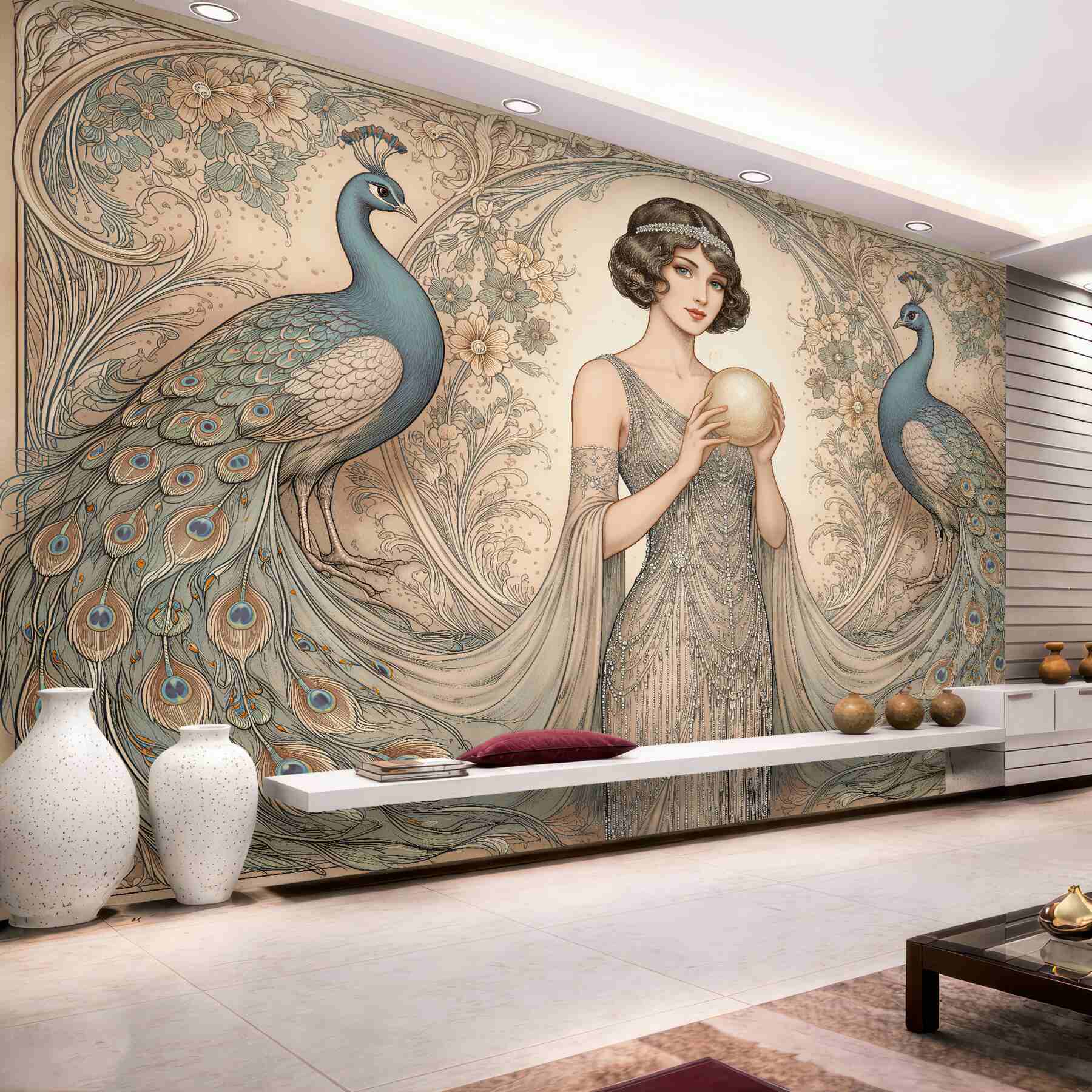 Fototapeten Pfauen und Dame im Art-déco-Stil
