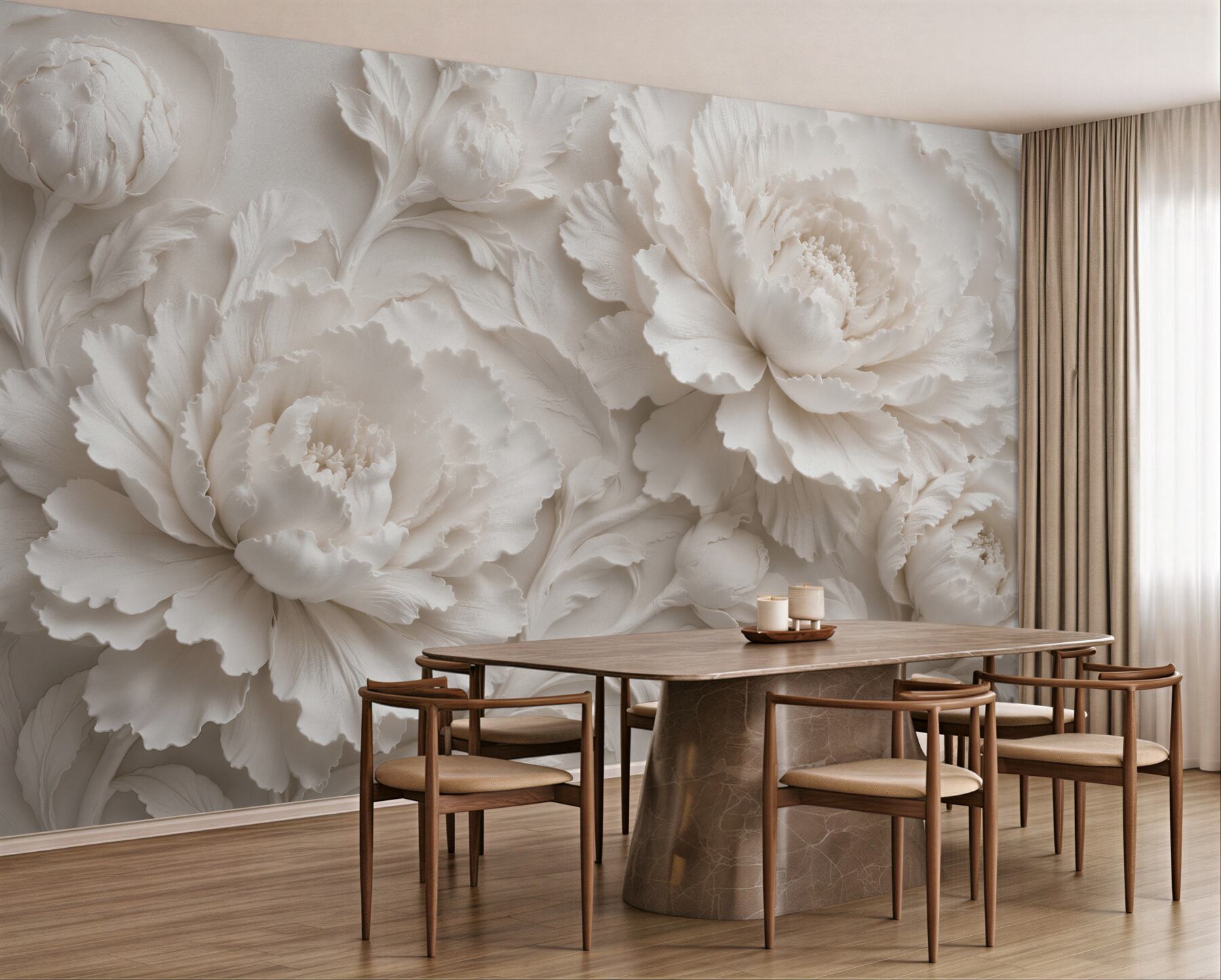 Fototapeten Cremefarbene Pfingstrosen im 3D-Relief