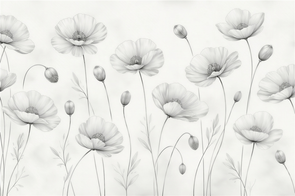 Fototapeten Zarte Mohnblumen in Grautönen