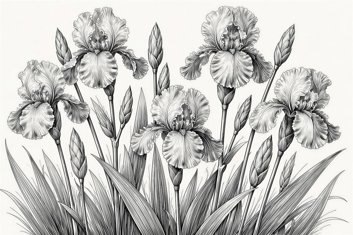 Fototapeten Elegante Irisblumen in Strichzeichnung