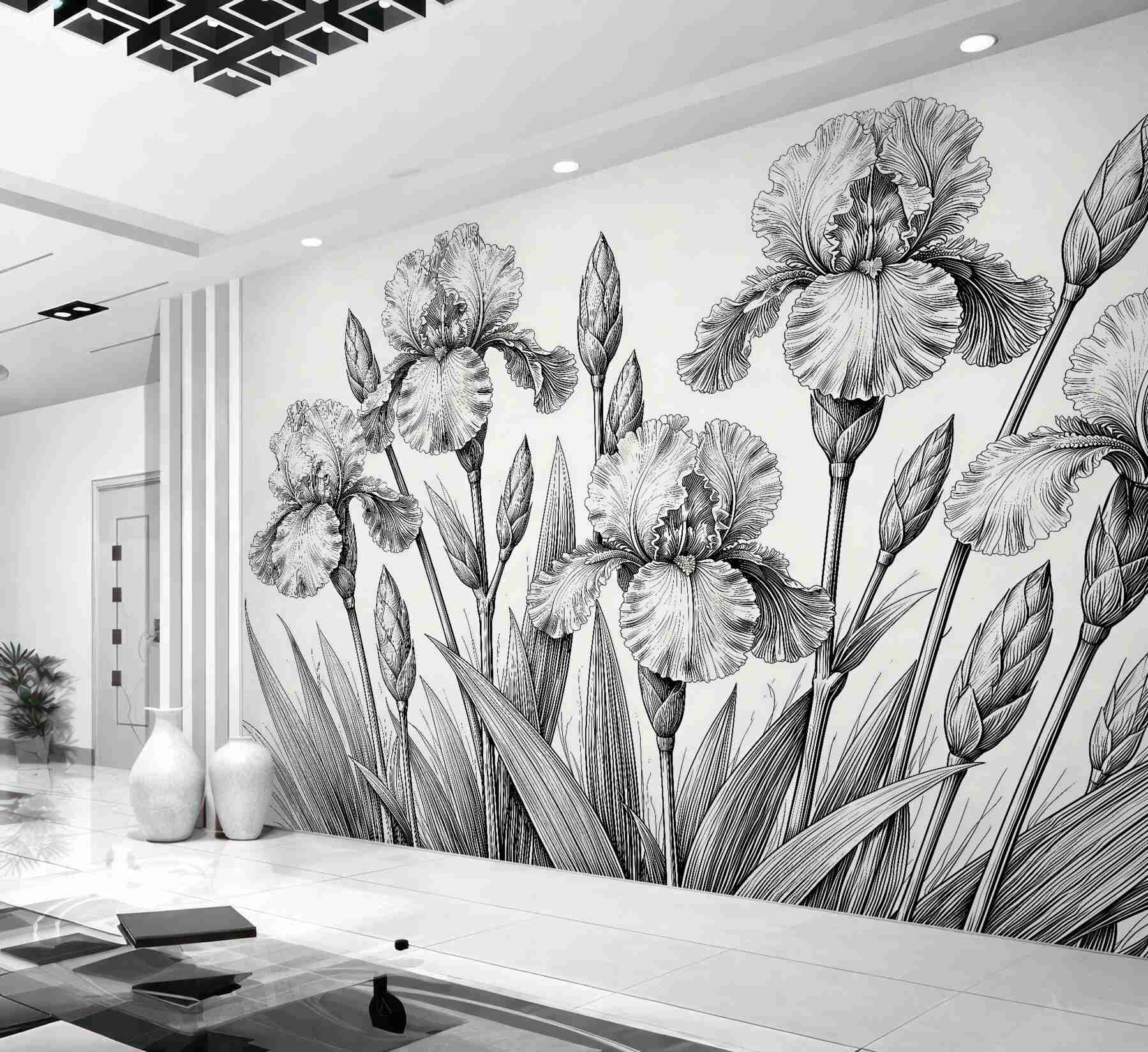 Fototapeten Elegante Irisblumen in Strichzeichnung