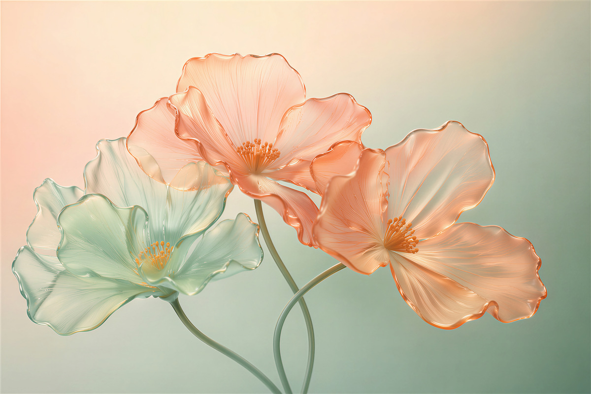 Fototapeten Gläserne Blumen in pastellfarbenem Glanz