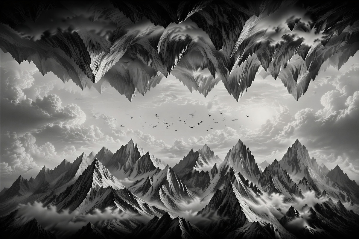 Fototapeten Dunkle fantasievolle Berge in Schwarz