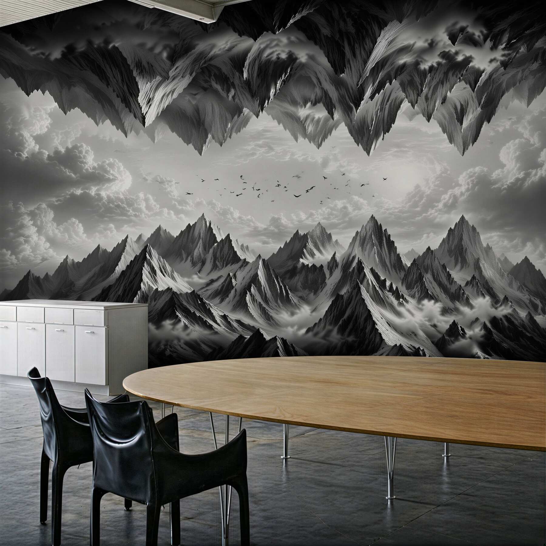 Fototapeten Dunkle fantasievolle Berge in Schwarz
