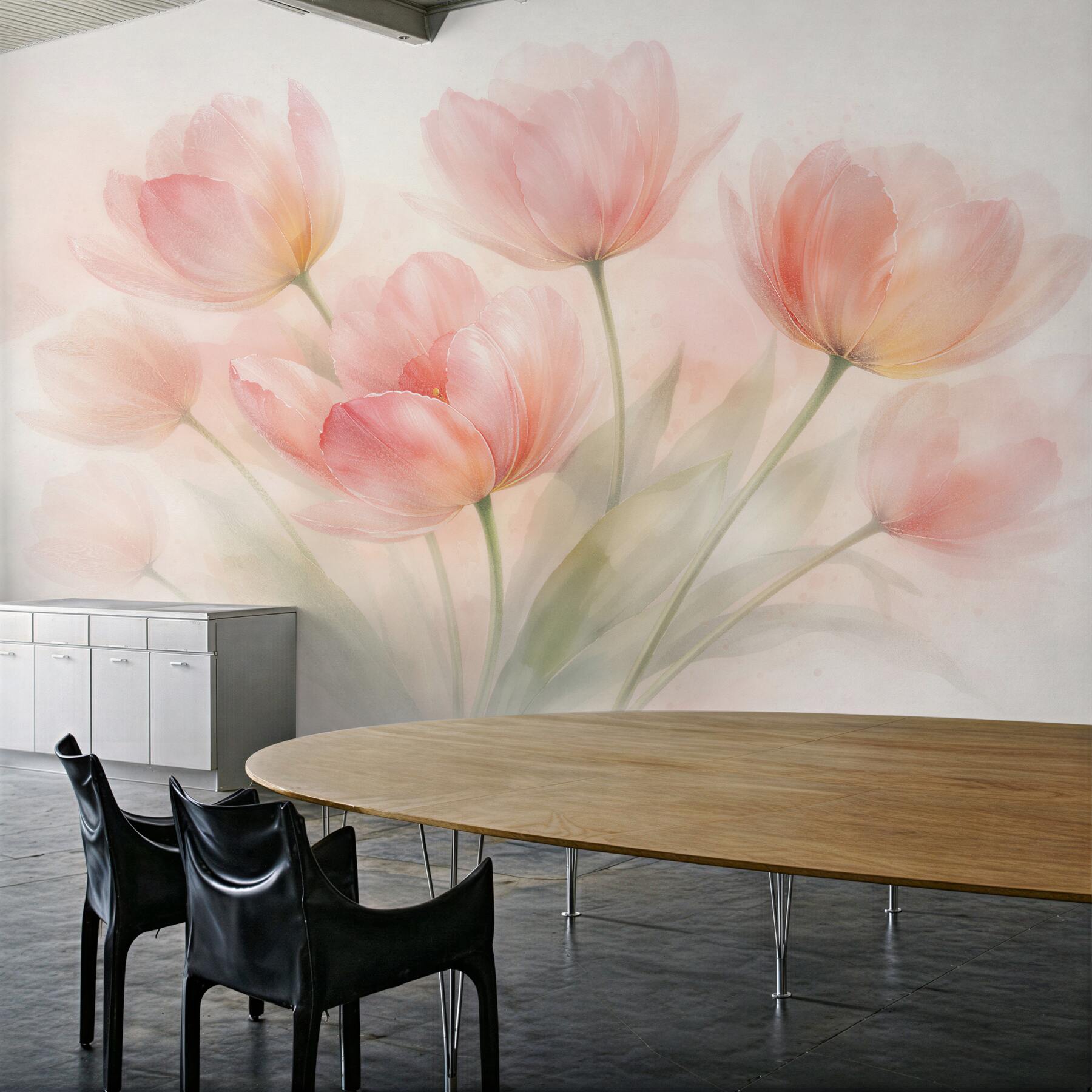 Fototapeten Pastelltulpen im Morgennebel