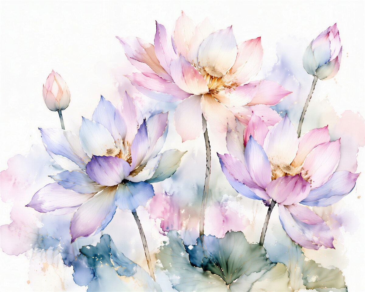 Fototapeten Pastellfarbene Lotusblüten in leuchtender Aquarelloptik