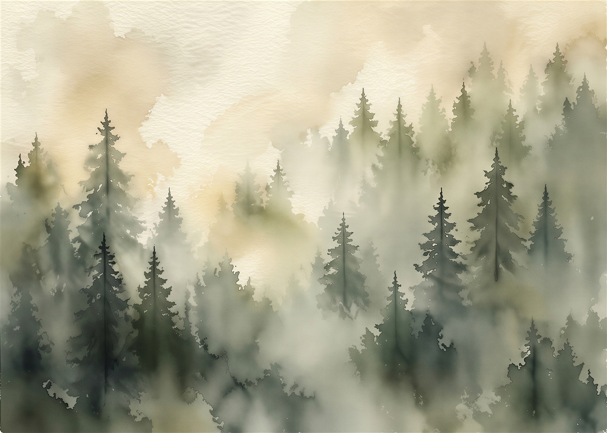 Fototapeten Nebelwald im Aquarellschimmer