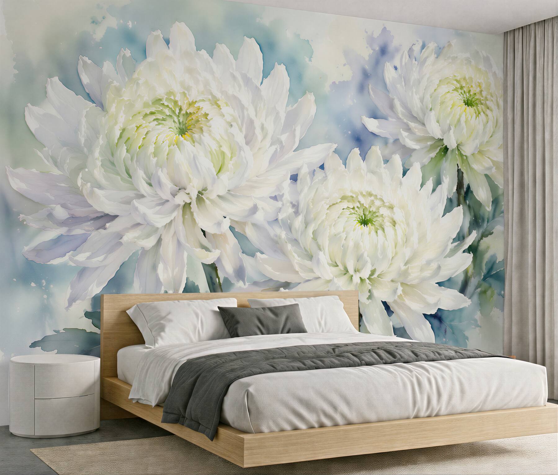 Fototapeten Weiße Chrysanthemen in Aquarellruhe