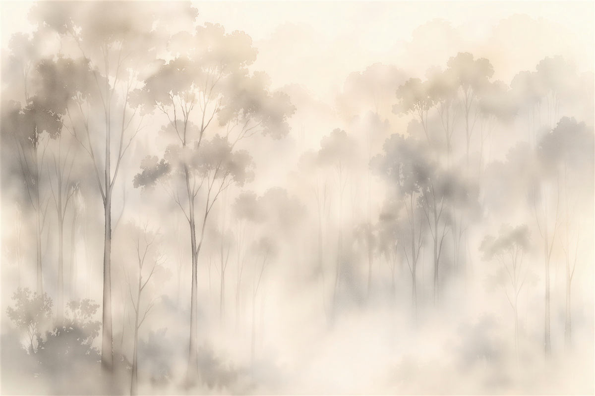 Fototapeten Zarter Wald im hellen Nebel