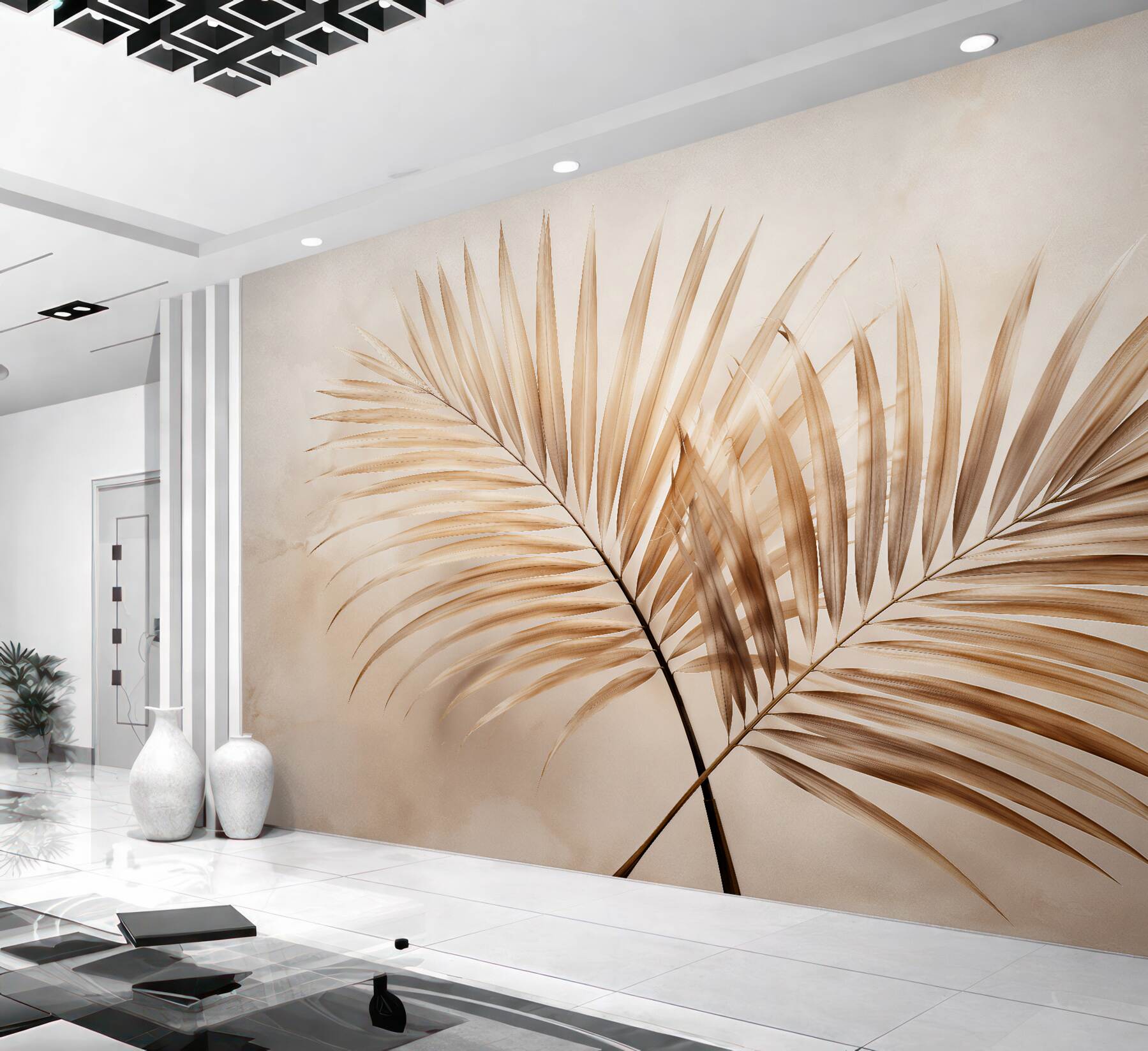 Fototapeten Goldene Palmblätter in Beige
