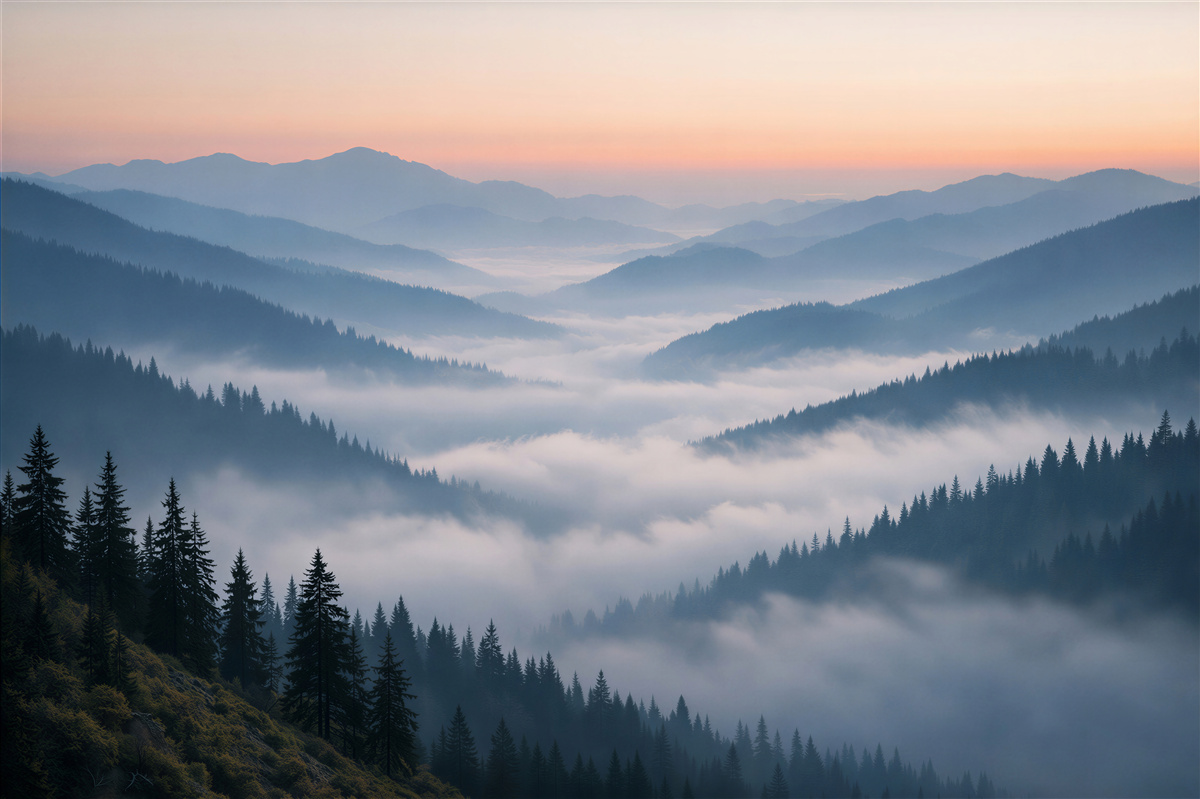 Fototapeten Berge im Nebel im Morgengrauen