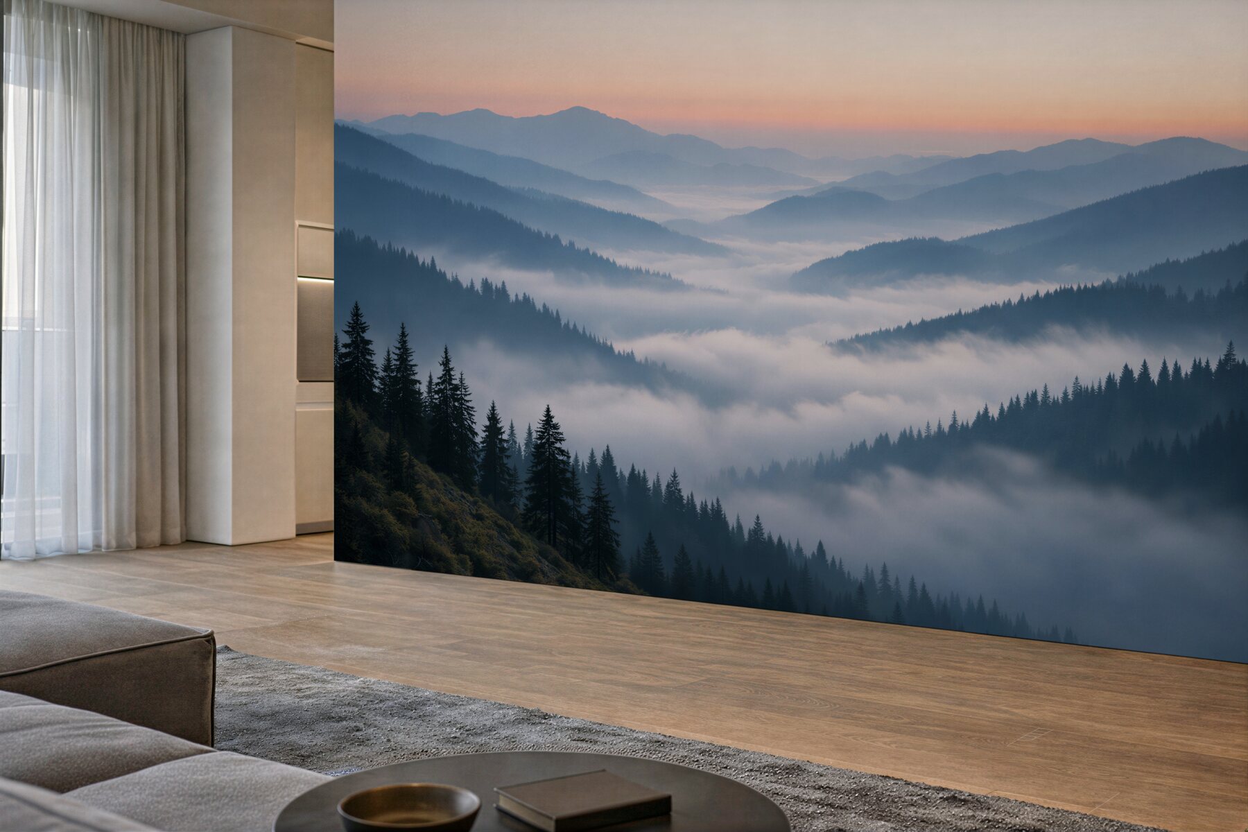 Fototapeten Berge im Nebel im Morgengrauen