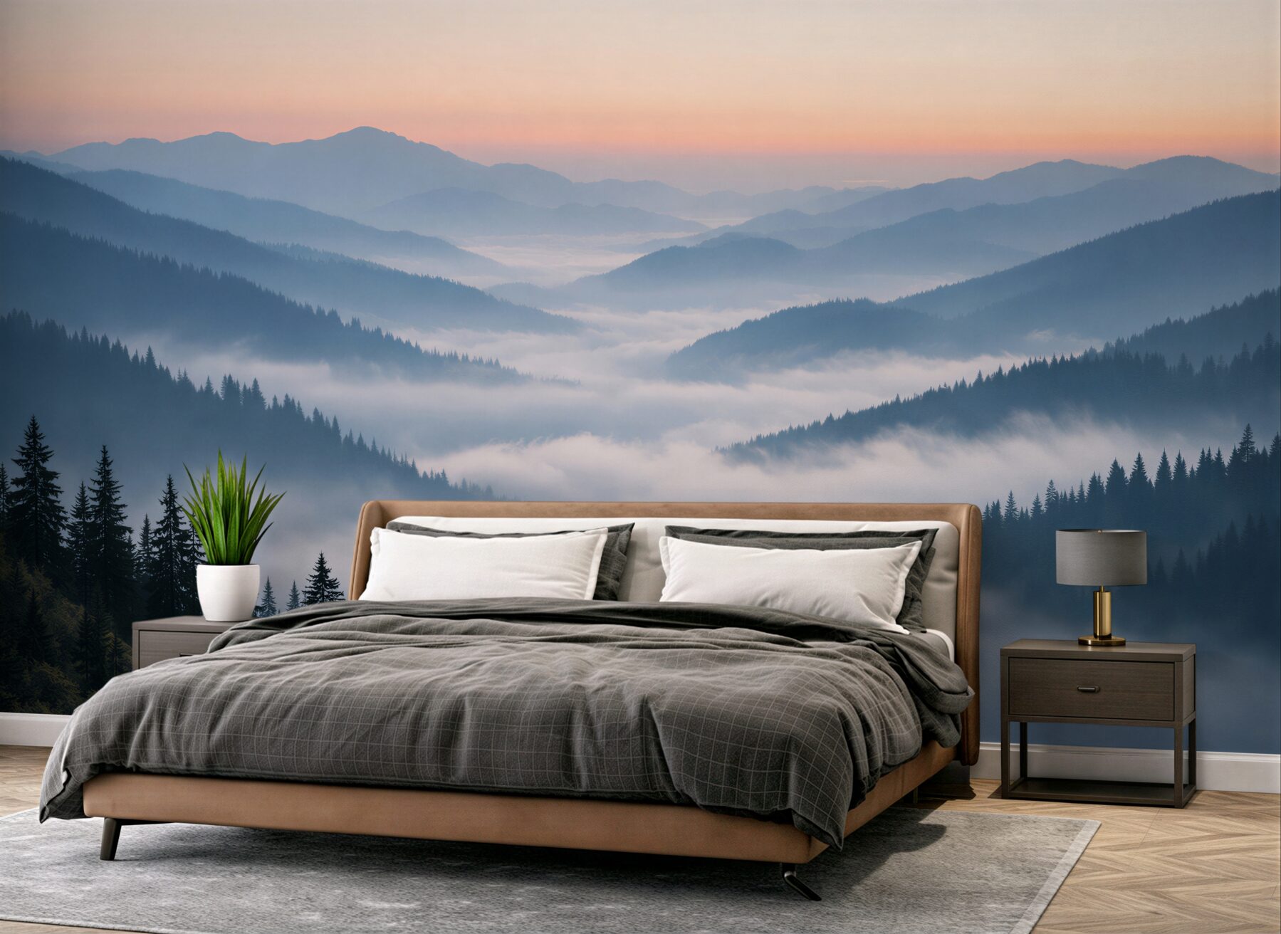 Fototapeten Berge im Nebel im Morgengrauen
