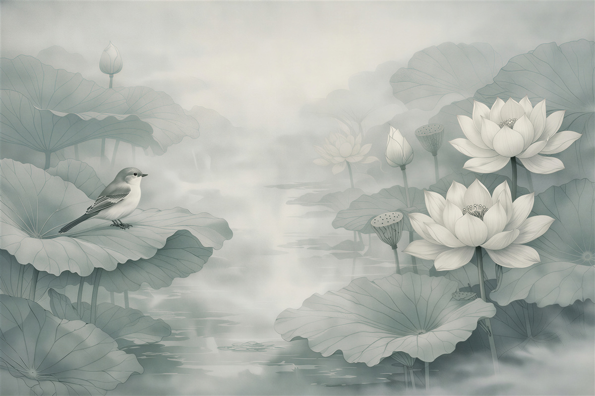 Fototapeten Lotusblumen und Vogel im Nebel
